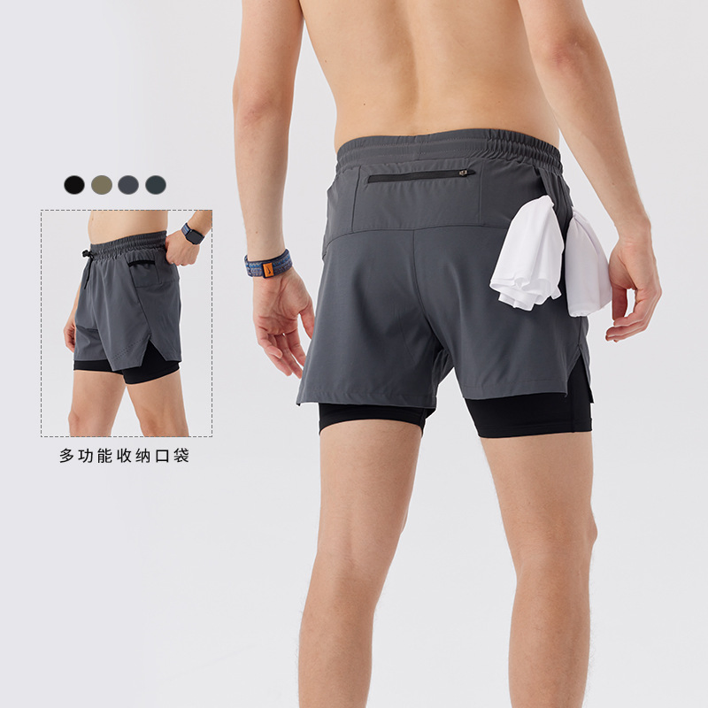 Calças curtas de secagem rápida de verão, dupla camada, anti-luz, com bolsa na cintura, para treinamento de basquete, corrida e uso casual para homens
