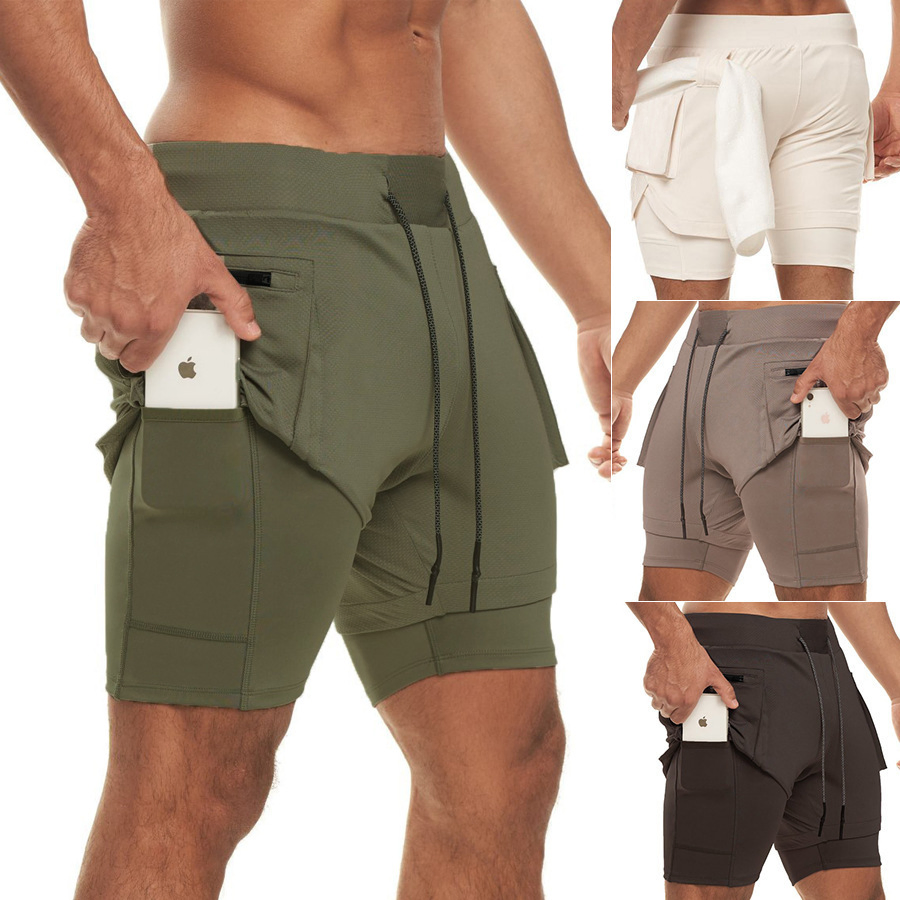 Shorts de Fitness de Dupla Camada para Homens, Cor Sólida, Respirável, Calças de Corrida e Treinamento