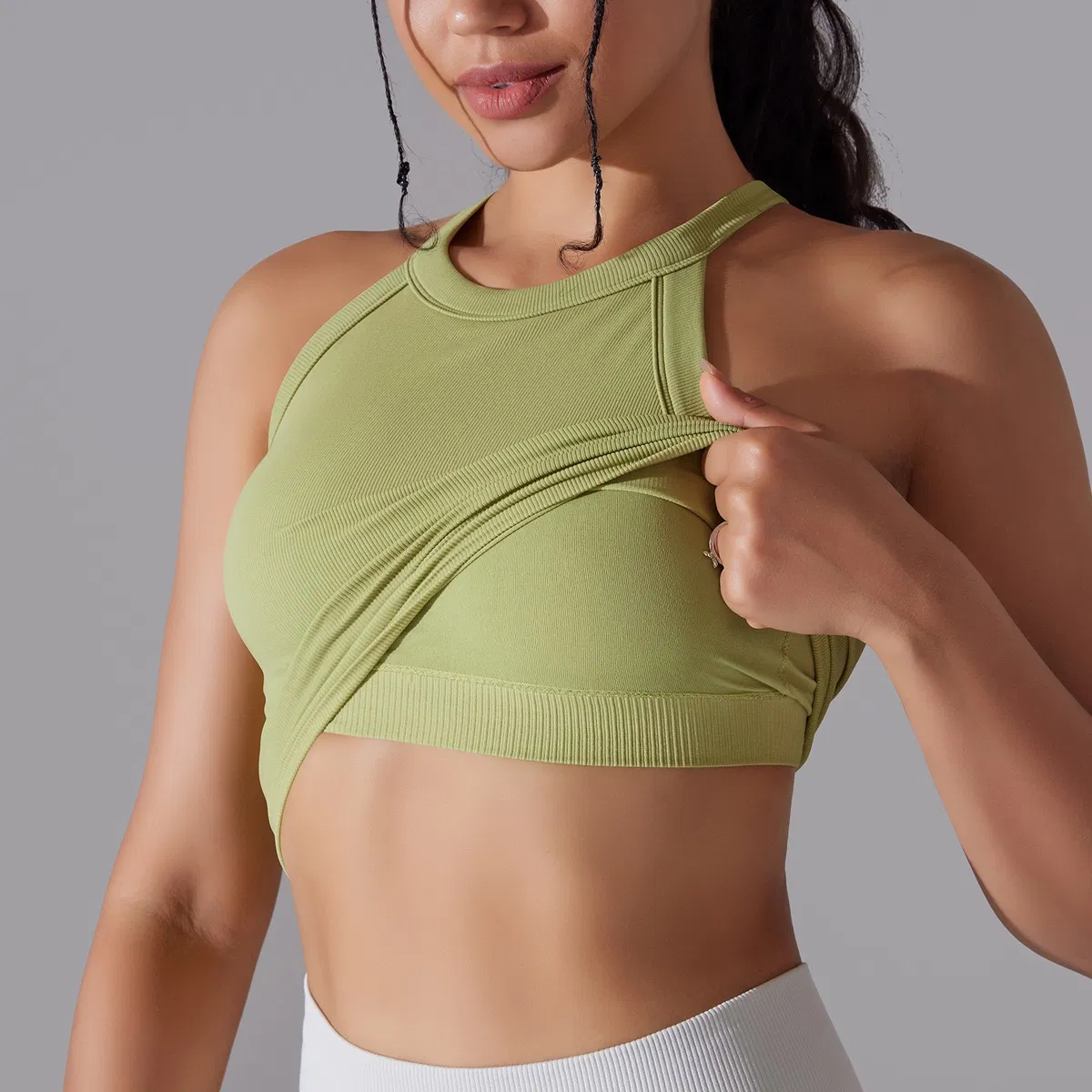 Roupas de ginástica por atacado da fábrica Tianchen, top cropped de treino para mulheres, camiseta sem costura personalizada com logotipo, blusas de fitness elegantes com sutiã