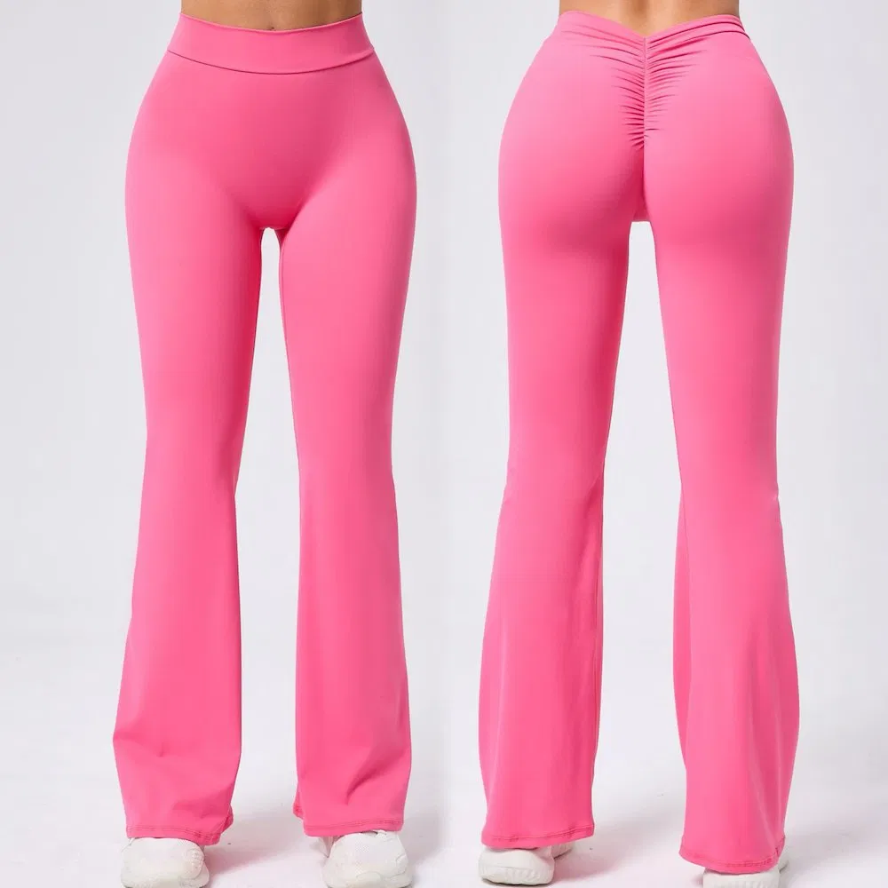 Calças de ioga flared com costas em V personalizadas de alta qualidade para mulheres, vestido esportivo para ginásio e corrida, leggings com efeito de bumbum