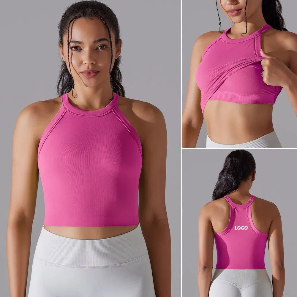 Roupas de ginástica por atacado da fábrica Tianchen, top cropped de treino para mulheres, camiseta sem costura personalizada com logotipo, blusas de fitness elegantes com sutiã