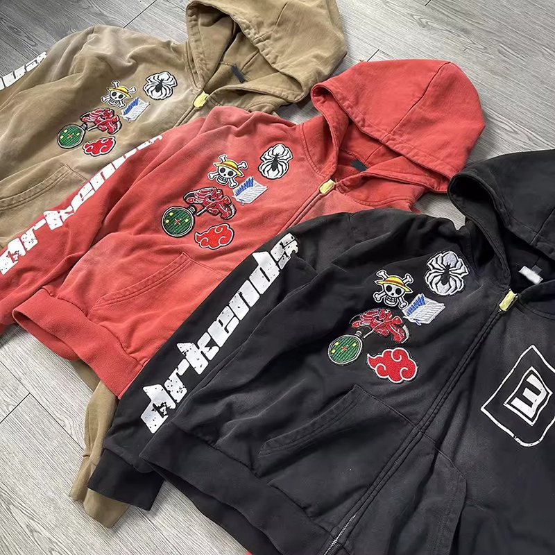 Wholesale Custom Streetwear Heavyweight French Terry Cotton Zip up Rhinestone Embroidery Patch Acid Wash Sun Faded Hoodie Men