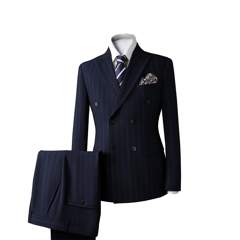 Men's Casual Business Suits Double-Breasted Striped Jackets Flat Front Style Groomsmen and Groom's Wedding Set Clothing