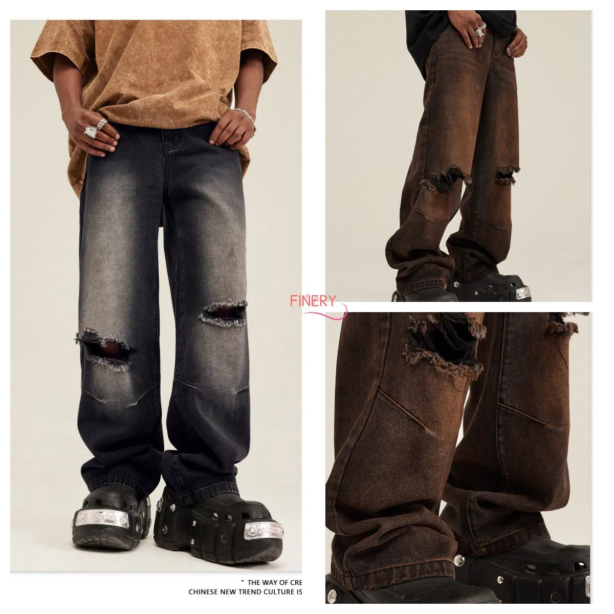 Washed Mule Gradient Ripped Jeans Vintage Loose Fashion Brand Trousers Men