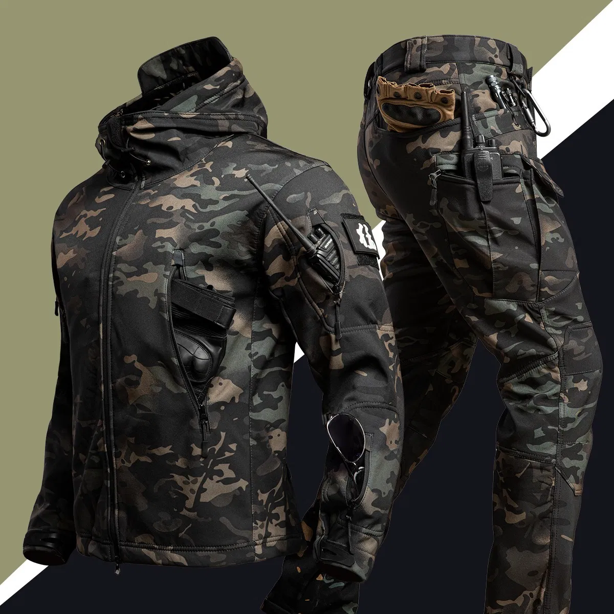 Winter Camo Softshell Jacket Suit for Men Windproof Fleece Lined Tactical Outdoor Clothing