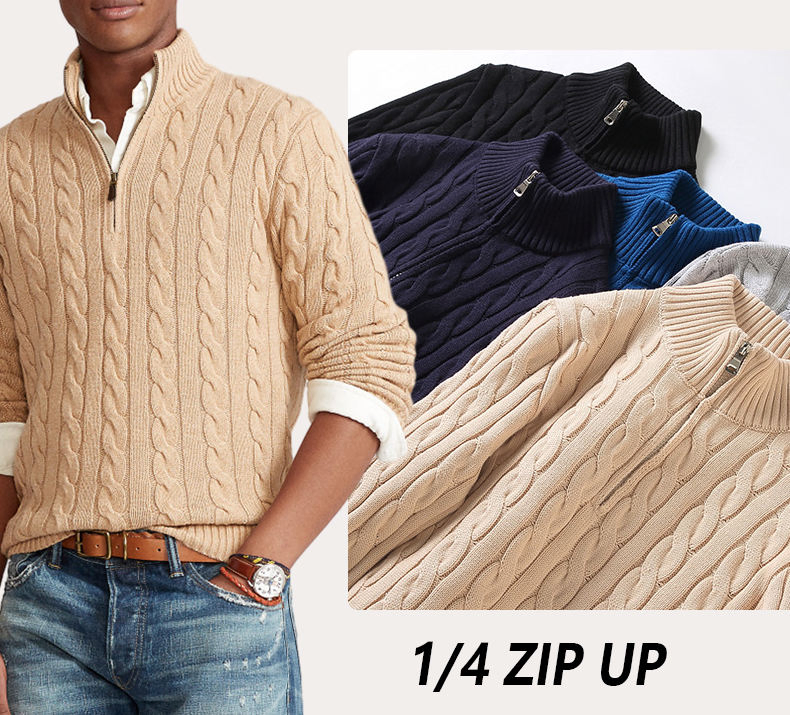 Cashmere Turtleneck Jacquard Knitwear Sweatshirt Custom Men High Neck Wool Cable Half Quarter Zip up Pullover Knit Sweater