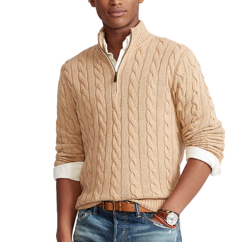 Cashmere Turtleneck Jacquard Knitwear Sweatshirt Custom Men High Neck Wool Cable Half Quarter Zip up Pullover Knit Sweater