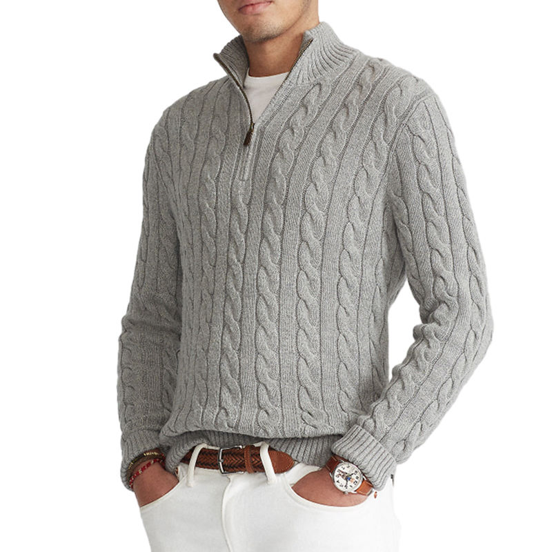 Cashmere Turtleneck Jacquard Knitwear Sweatshirt Custom Men High Neck Wool Cable Half Quarter Zip up Pullover Knit Sweater