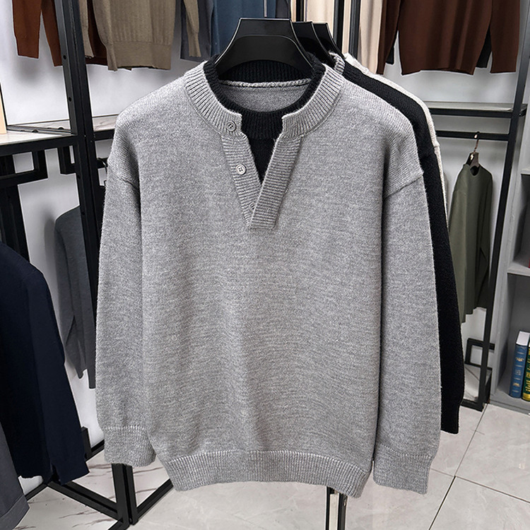 Men's Fake Two-Piece Half-Open Collar Button Sweater Korean-Style Casual Knitwear