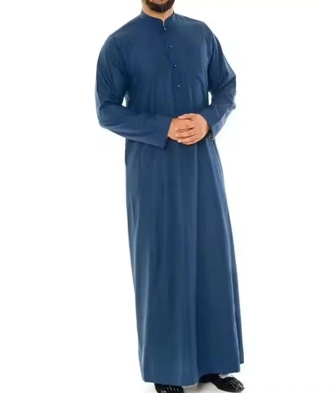 Tailored Men's Arabic Thobe V Neck Casual Floor Length Loose Fit Breathable Polyester Long Sleeve Muslim Beach Embroidery All