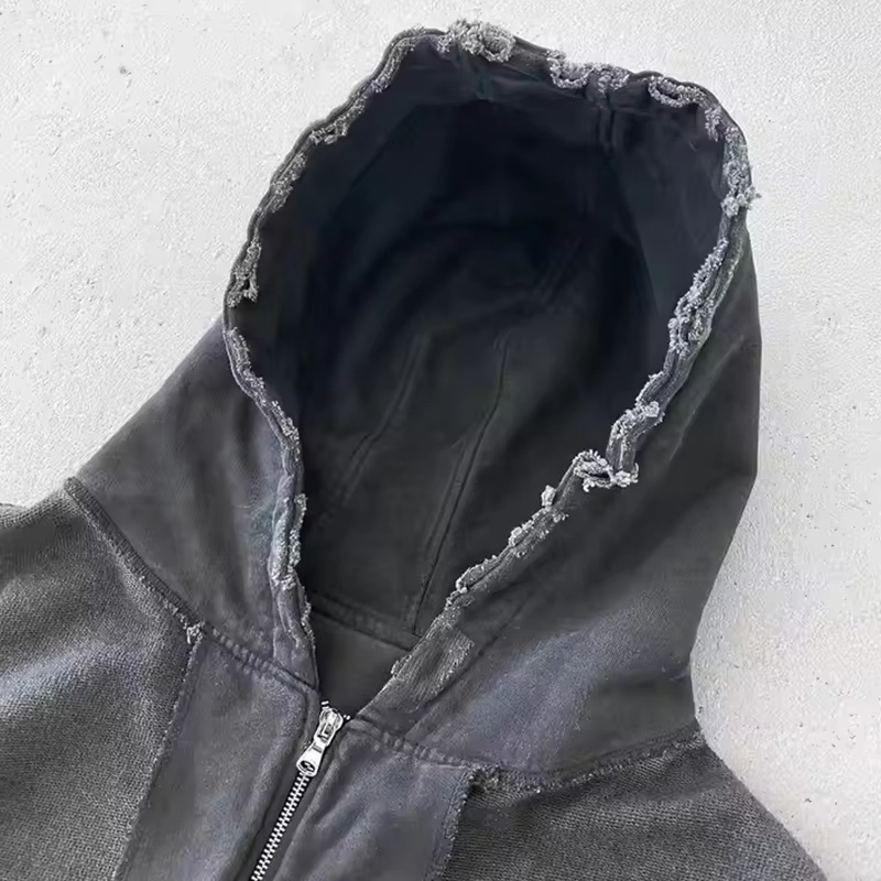 Custom Streetwear Washed Hoodies Mens Blank Black 450GSM French Terry Vintage Distressed Acid Wash Zip up Hoodie Men