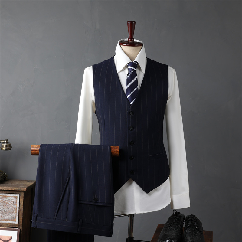 Men's Casual Business Suits Double-Breasted Striped Jackets Flat Front Style Groomsmen and Groom's Wedding Set Clothing