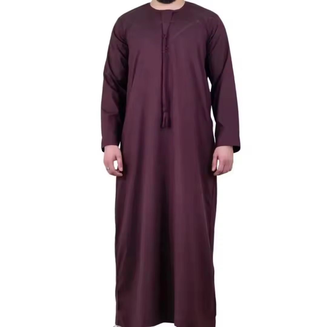 Tailored Men's Arabic Thobe V Neck Casual Floor Length Loose Fit Breathable Polyester Long Sleeve Muslim Beach Embroidery All