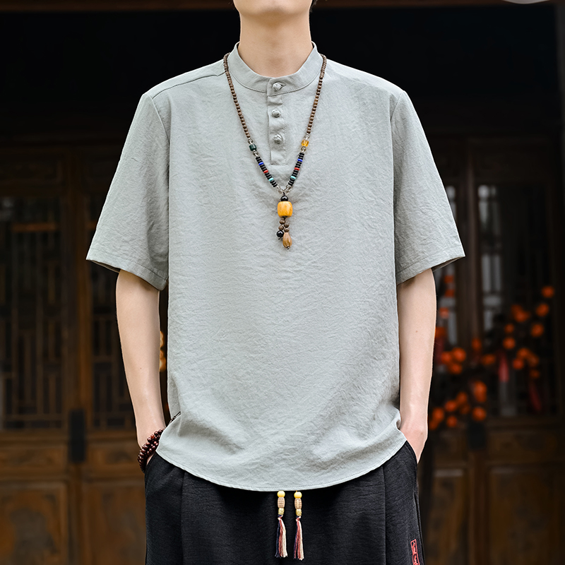 Men's Chinese Traditional Tang Suit Linen Stand Collar Short Sleeve Regular Fit Pull Casual Shirt ODM Supply 7-Day Sample Lead