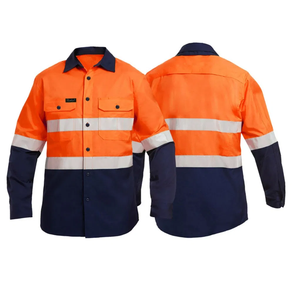 Custom Men's Long Sleeve Hi Vis Security Guard Workwear Uniform Jacket Reflective Stripes Button-up Mechanic Work Shirt Summer