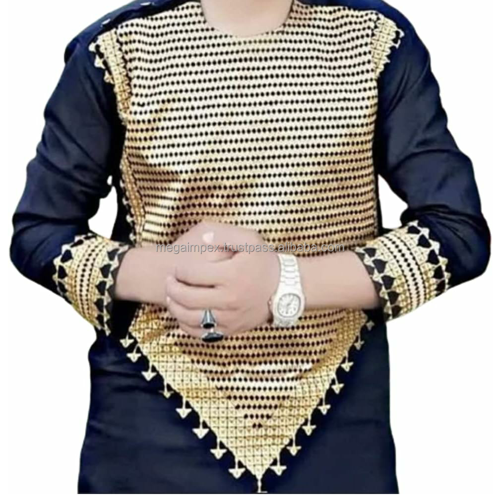 Ethnic Kuchi Handmade Tribal Traditional Embroidery Casual Cotton Men's Afghani Salwar Kameez Long Sleeve Solid Color Ankle