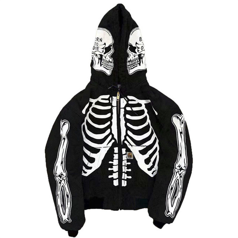 New Fashion Streetwear Custom Logo Skull Halloween Hoodie Oversized Skeleton Thick Rhinestone Full Zip up Hoodies Men