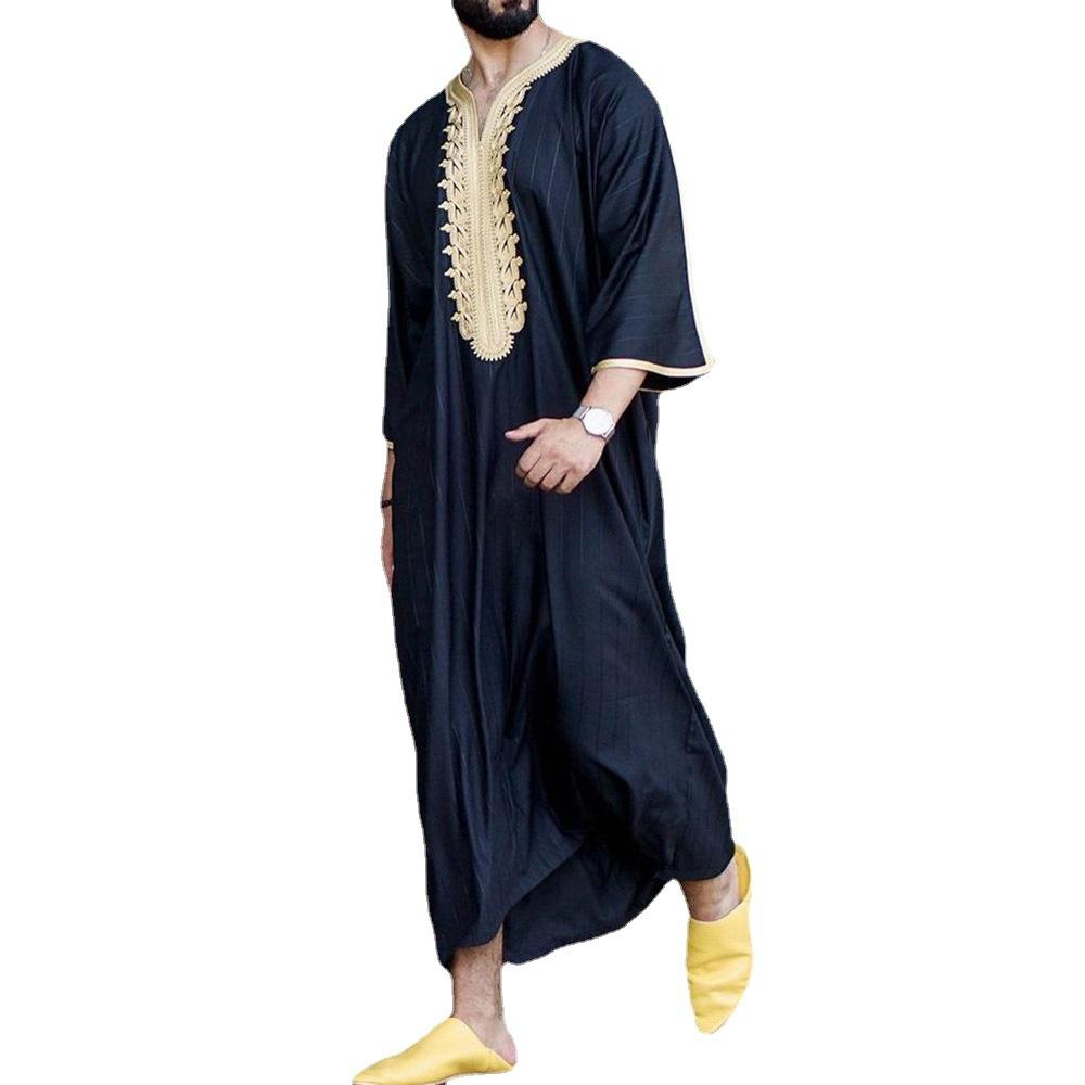 New Summer Traditional Striped Printed Moroccan Men's Long-Sleeve Full Set Middle Eastern Robe