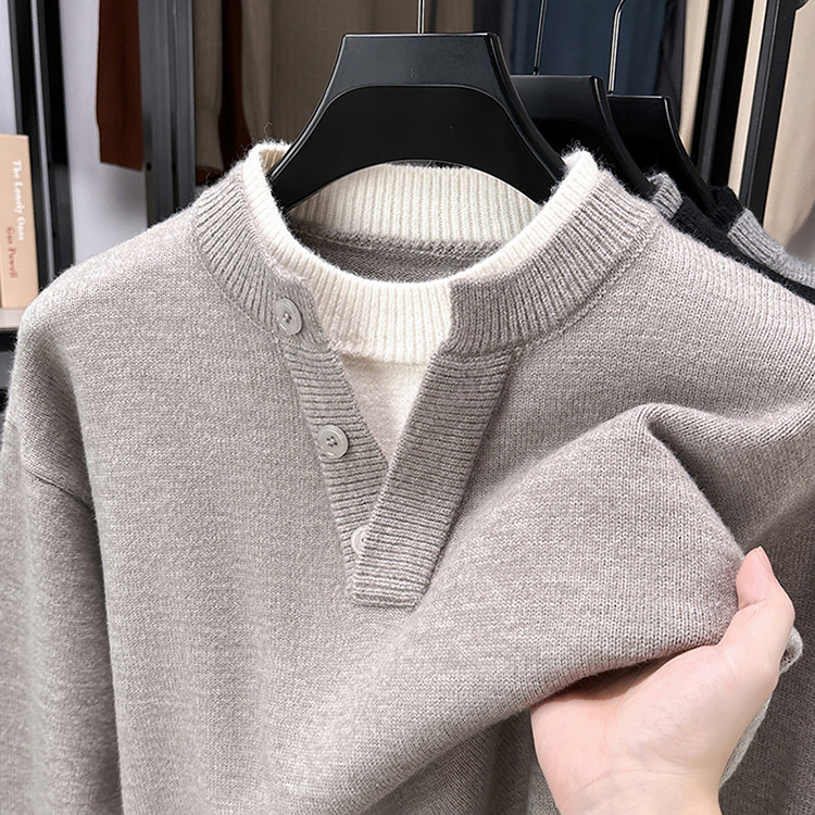 Men's Fake Two-Piece Half-Open Collar Button Sweater Korean-Style Casual Knitwear