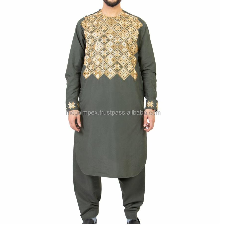 Ethnic Kuchi Handmade Tribal Traditional Embroidery Casual Cotton Men's Afghani Salwar Kameez Long Sleeve Solid Color Ankle