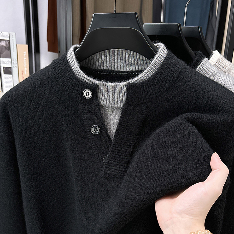Men's Fake Two-Piece Half-Open Collar Button Sweater Korean-Style Casual Knitwear