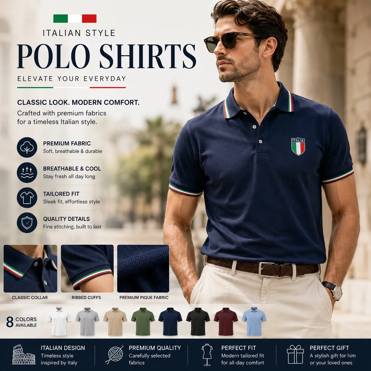 Men Italian Style Polo Shirts Custom Embroidery Logo Luxury Slim Fit Soft Stretch Designer Smart Casual Business Fashion Apparel