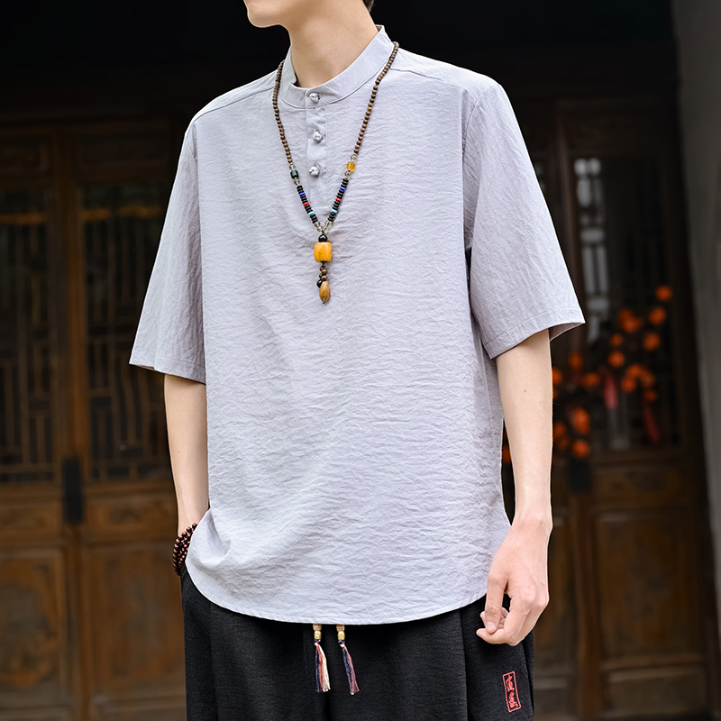 Men's Chinese Traditional Tang Suit Linen Stand Collar Short Sleeve Regular Fit Pull Casual Shirt ODM Supply 7-Day Sample Lead