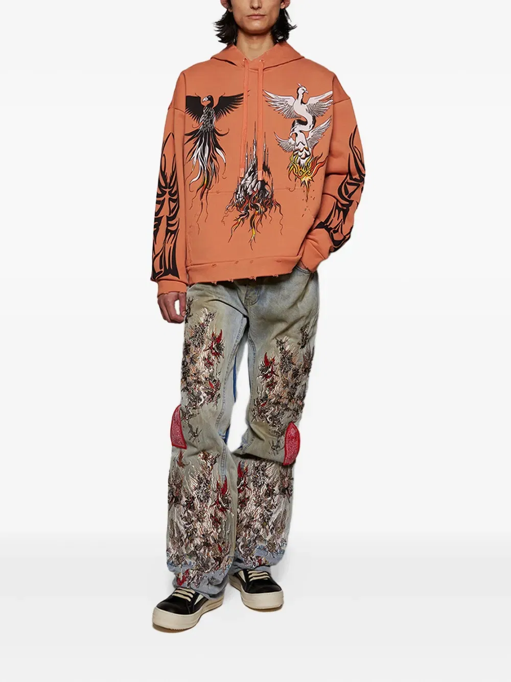 Embroidery Detail Distressed Soft Fleece Hoodie