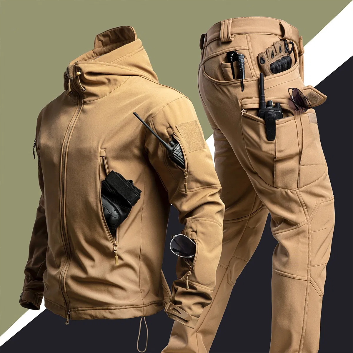 Winter Camo Softshell Jacket Suit for Men Windproof Fleece Lined Tactical Outdoor Clothing
