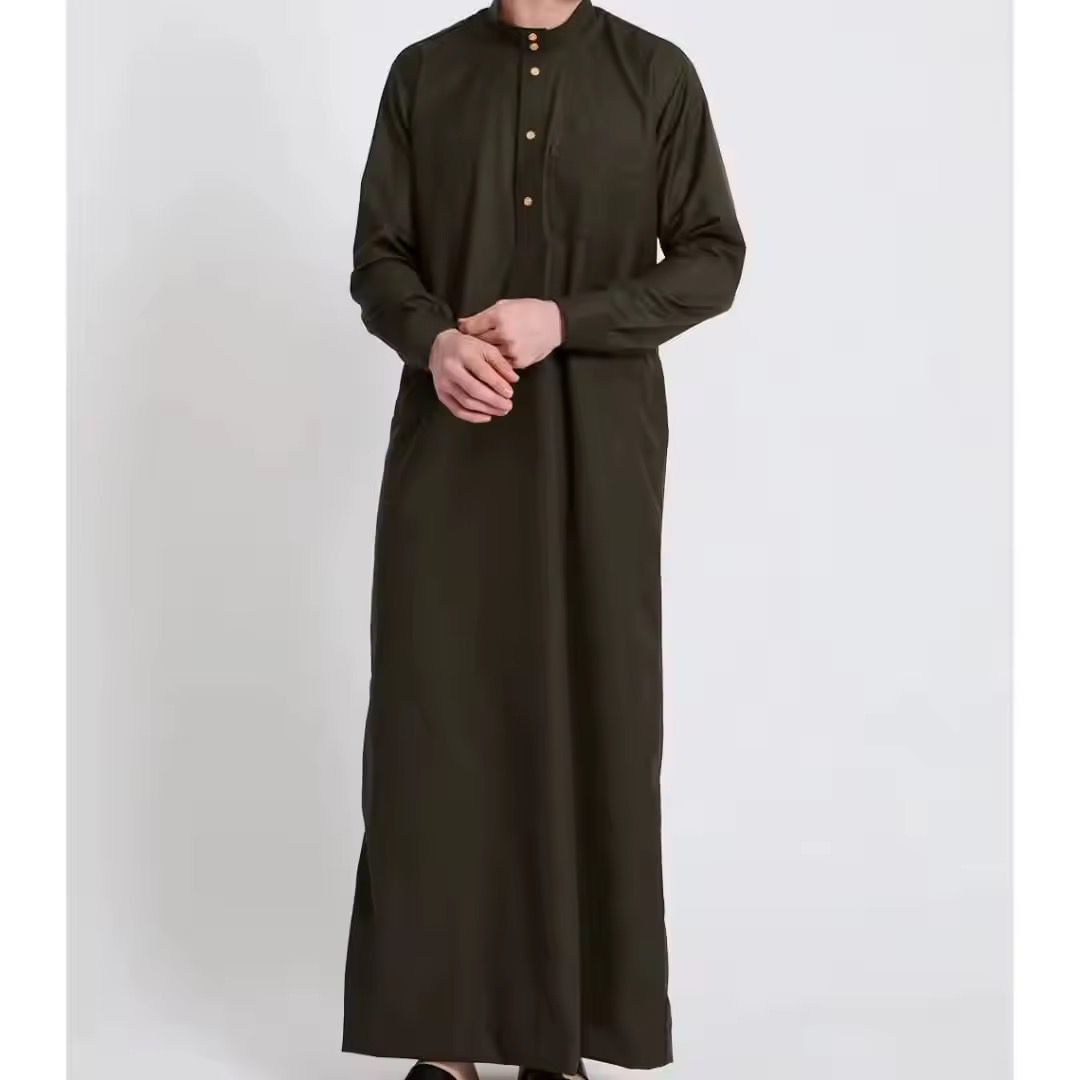 Tailored Men's Arabic Thobe V Neck Casual Floor Length Loose Fit Breathable Polyester Long Sleeve Muslim Beach Embroidery All