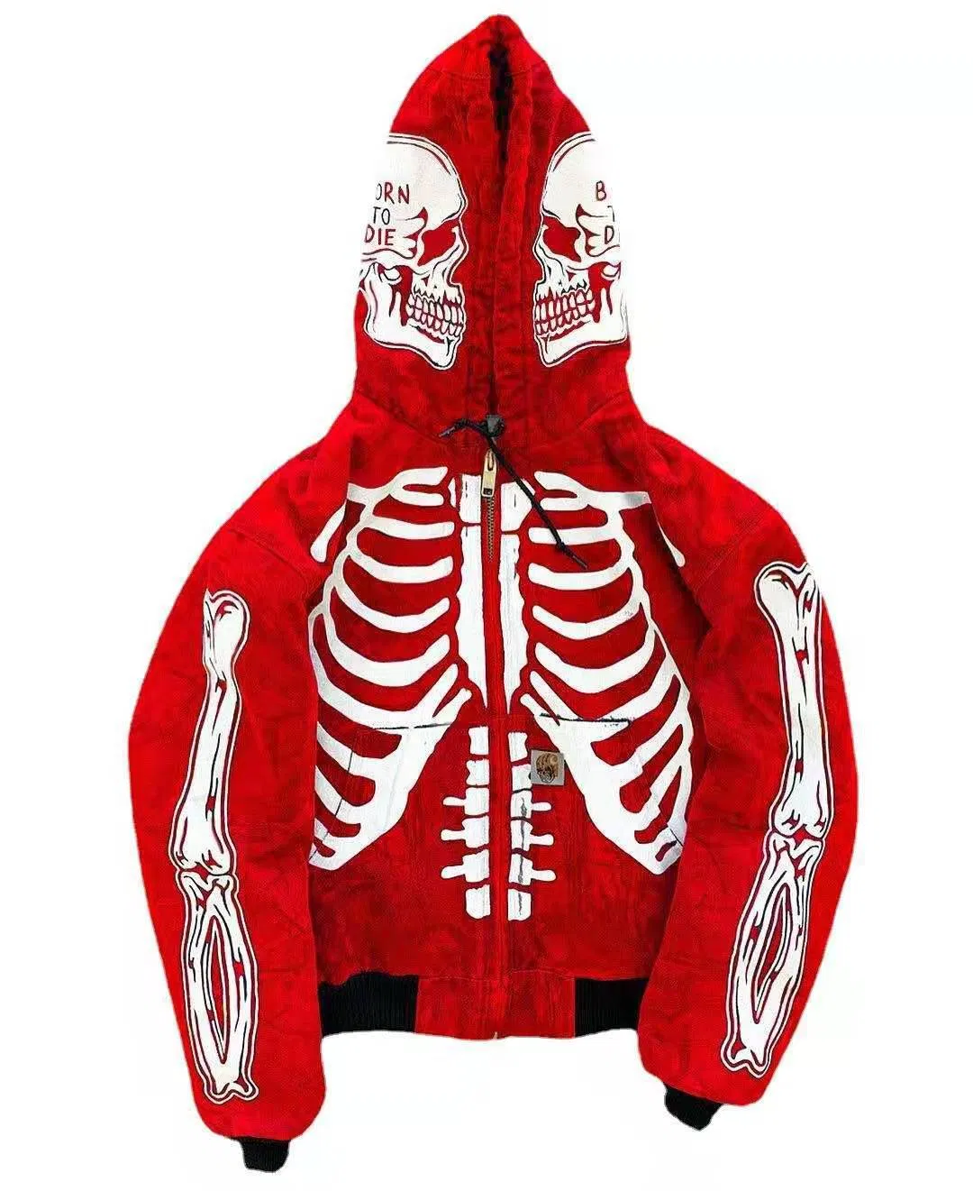 New Fashion Streetwear Custom Logo Skull Halloween Hoodie Oversized Skeleton Thick Rhinestone Full Zip up Hoodies Men