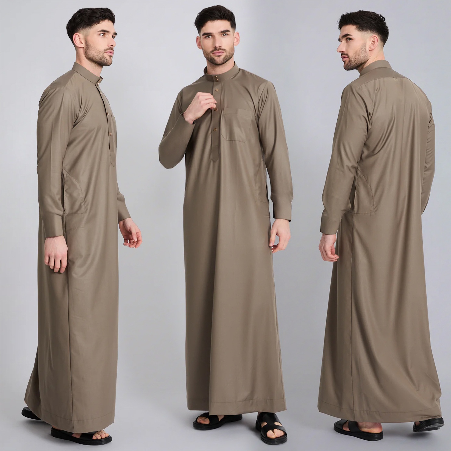 Men's Qatar Style Thobe with Stand Collar Long Robe Arabic Middle Eastern Menswear Pocket Traditional Islamic Clothing