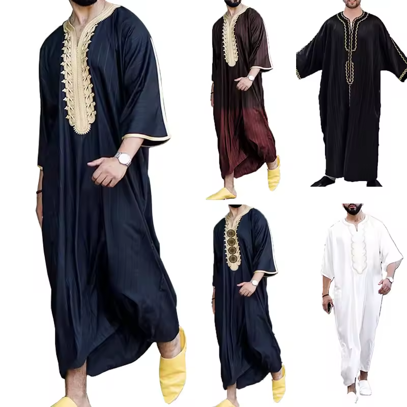New Summer Traditional Striped Printed Moroccan Men's Long-Sleeve Full Set Middle Eastern Robe