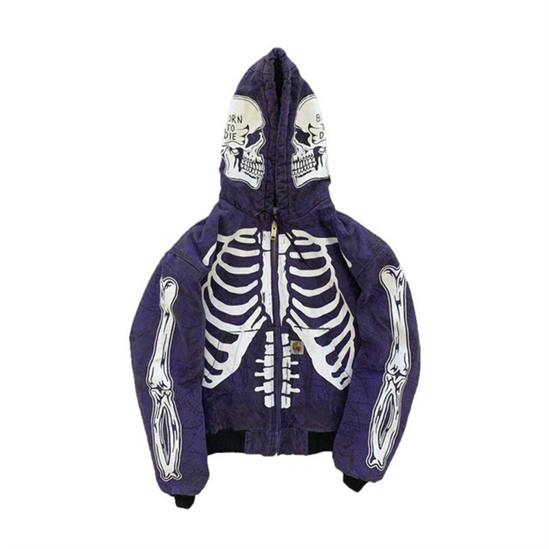 New Fashion Streetwear Custom Logo Skull Halloween Hoodie Oversized Skeleton Thick Rhinestone Full Zip up Hoodies Men