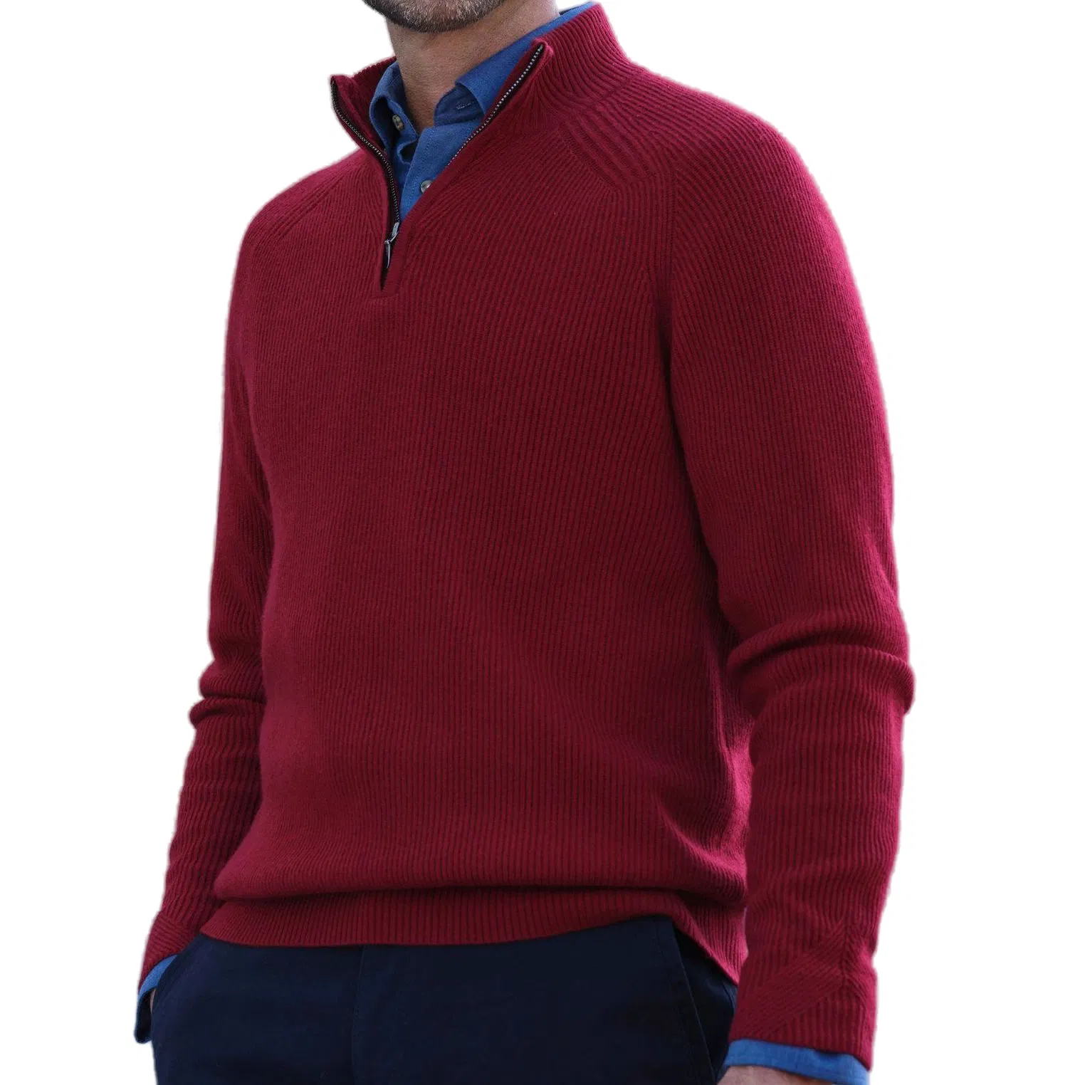 Merino-Wool &amp; Cashmere Blended Men's Quarter-Zip High-Neck Ribbed Pullover Knitwear Jumper Sweater