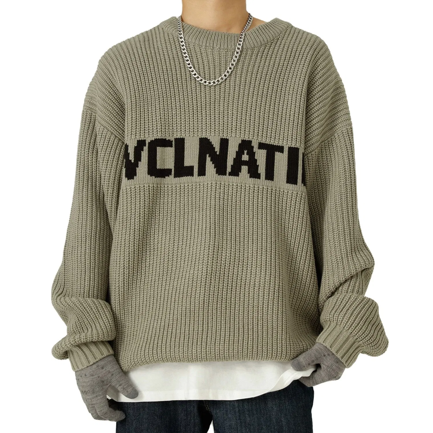 Custom Logo OEM Men's Sweater Jacquard Letter Pullover Knitwear Winter Crew Neck Loose Fit Oversized Knitted Sweater for Men