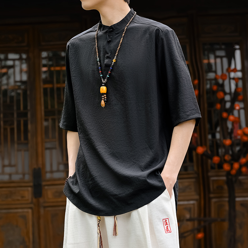 Men's Chinese Traditional Tang Suit Linen Stand Collar Short Sleeve Regular Fit Pull Casual Shirt ODM Supply 7-Day Sample Lead