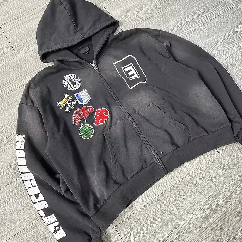 Wholesale Custom Streetwear Heavyweight French Terry Cotton Zip up Rhinestone Embroidery Patch Acid Wash Sun Faded Hoodie Men