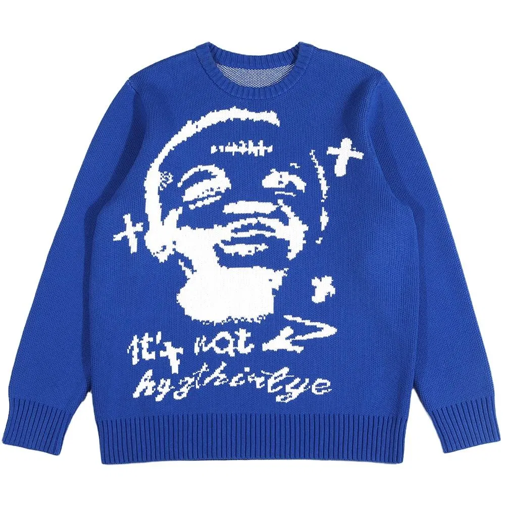 Customized Logo Men's Jacquard Pattern Knitwear Pullover Knit Top Winter Crew Neck Jumper Cotton Casual Knitted Sweaters