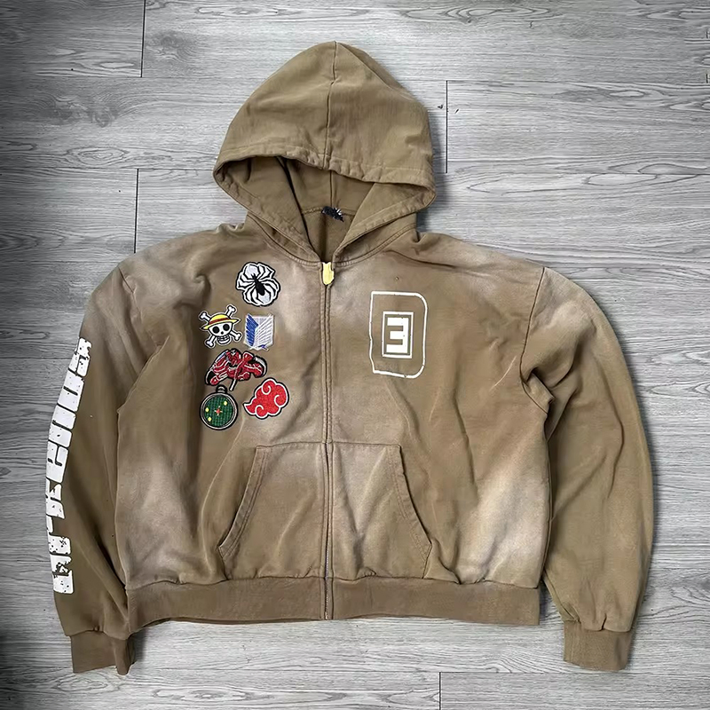 Wholesale Custom Streetwear Heavyweight French Terry Cotton Zip up Rhinestone Embroidery Patch Acid Wash Sun Faded Hoodie Men