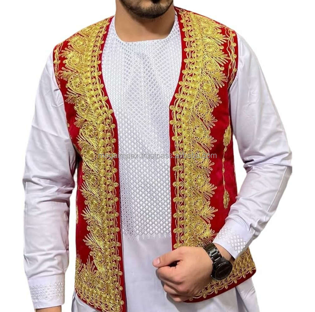 Ethnic Kuchi Handmade Tribal Traditional Embroidery Casual Cotton Men's Afghani Salwar Kameez Long Sleeve Solid Color Ankle