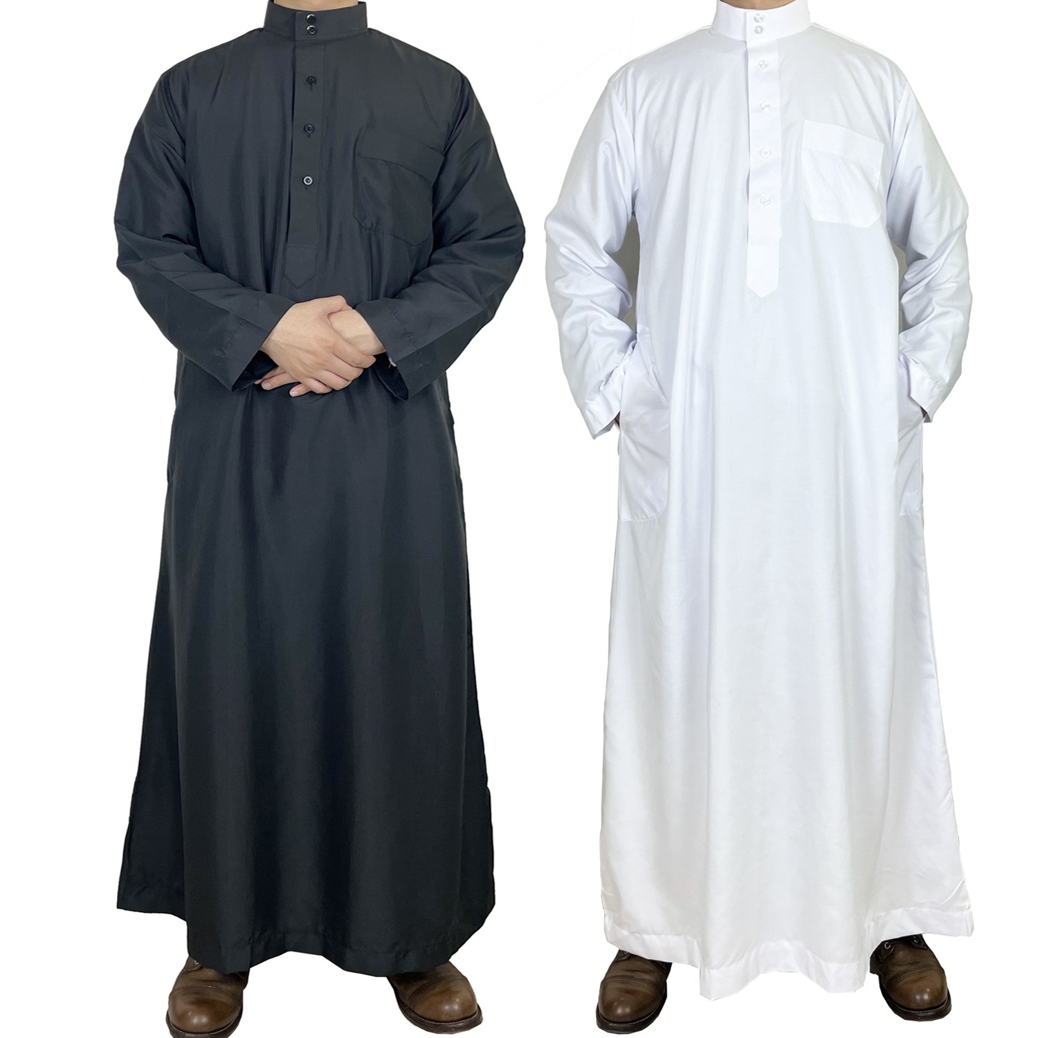 Men's Qatar Style Thobe with Stand Collar Long Robe Arabic Middle Eastern Menswear Pocket Traditional Islamic Clothing