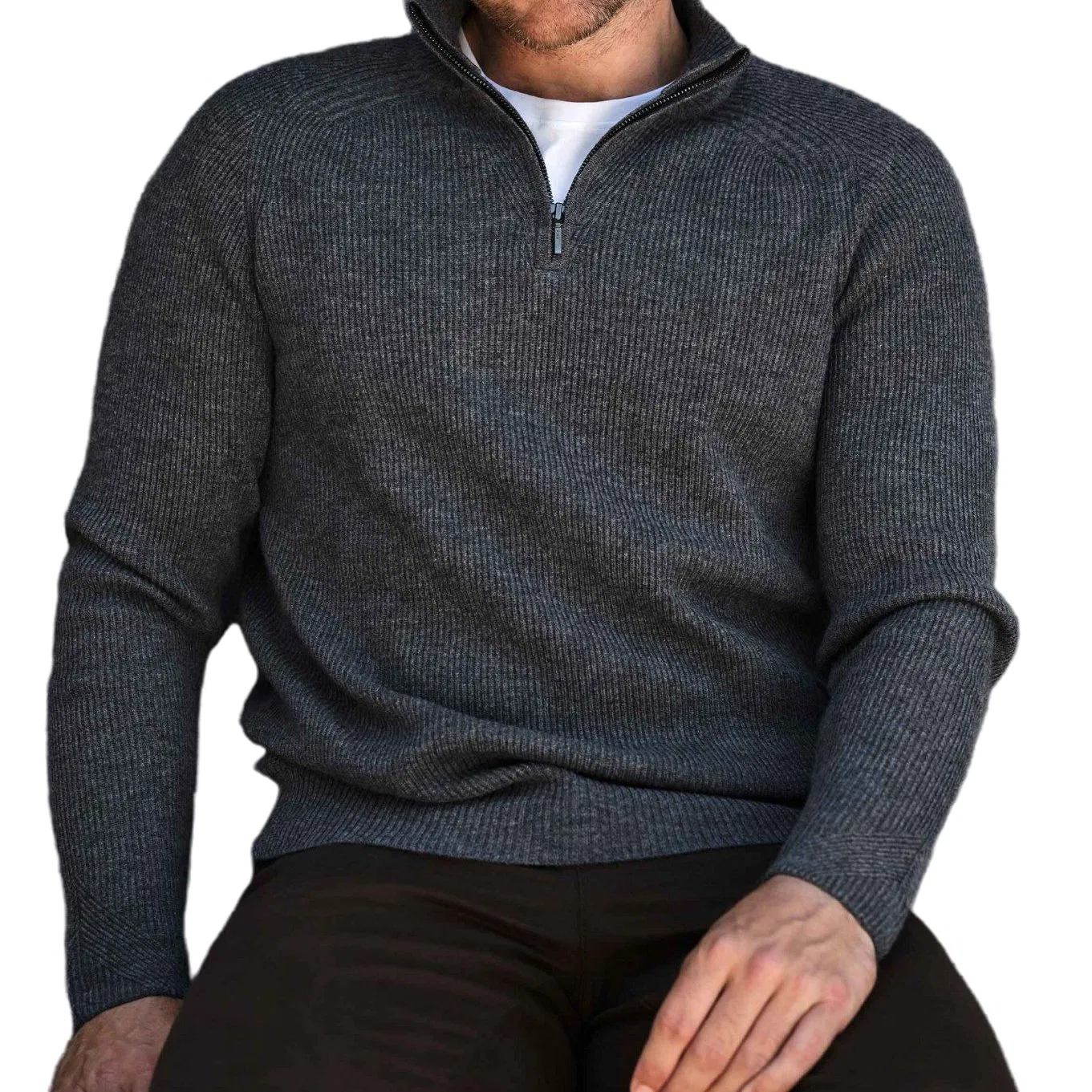 Merino-Wool &amp; Cashmere Blended Men's Quarter-Zip High-Neck Ribbed Pullover Knitwear Jumper Sweater