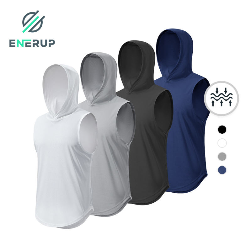 Men's Custom Polyester Tank Tops Solid Color Breathable Hooded Gym Fitness T- Shirt Casual Style