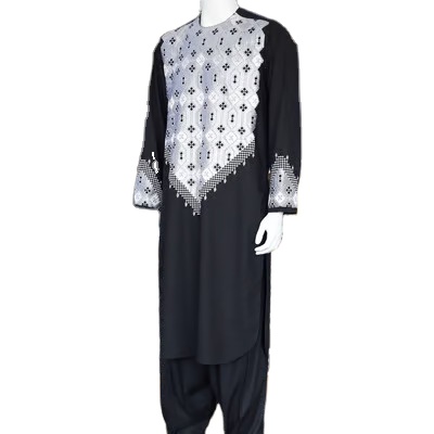 Ethnic Kuchi Handmade Tribal Traditional Embroidery Casual Cotton Men's Afghani Salwar Kameez Long Sleeve Solid Color Ankle