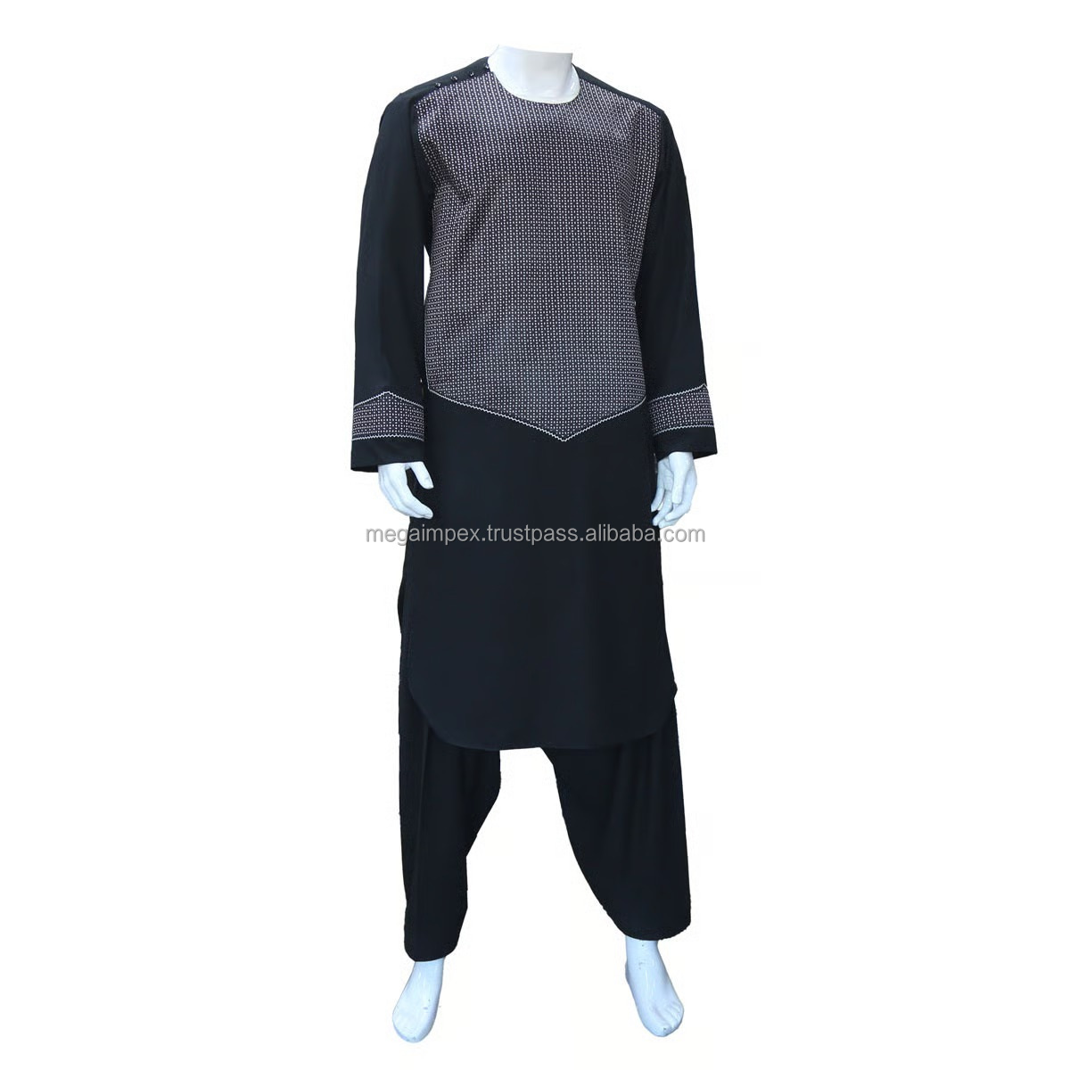 Ethnic Kuchi Handmade Tribal Traditional Embroidery Casual Cotton Men's Afghani Salwar Kameez Long Sleeve Solid Color Ankle