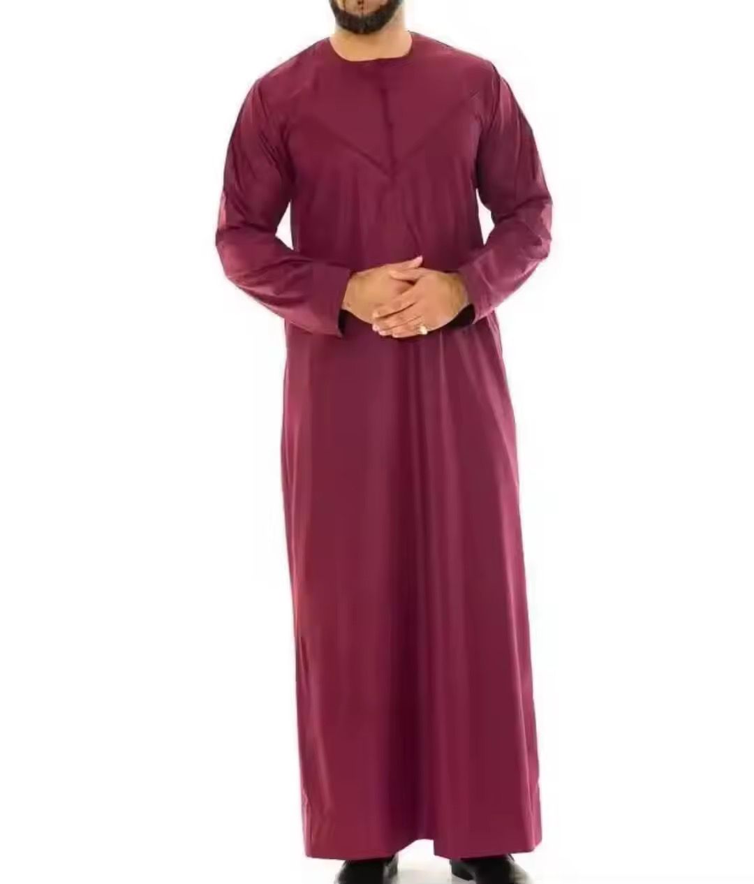 Tailored Men's Arabic Thobe V Neck Casual Floor Length Loose Fit Breathable Polyester Long Sleeve Muslim Beach Embroidery All