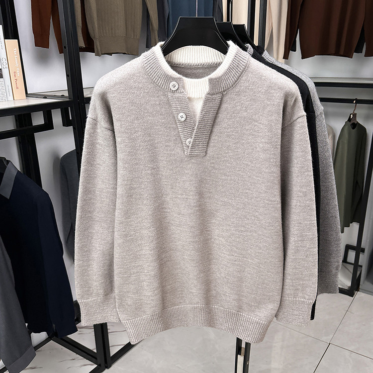 Men's Fake Two-Piece Half-Open Collar Button Sweater Korean-Style Casual Knitwear