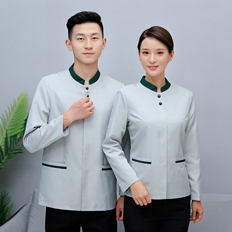 Men's Stand Collar Two-Button Hotel Staff Cleaning Workwear Housekeeping Uniform