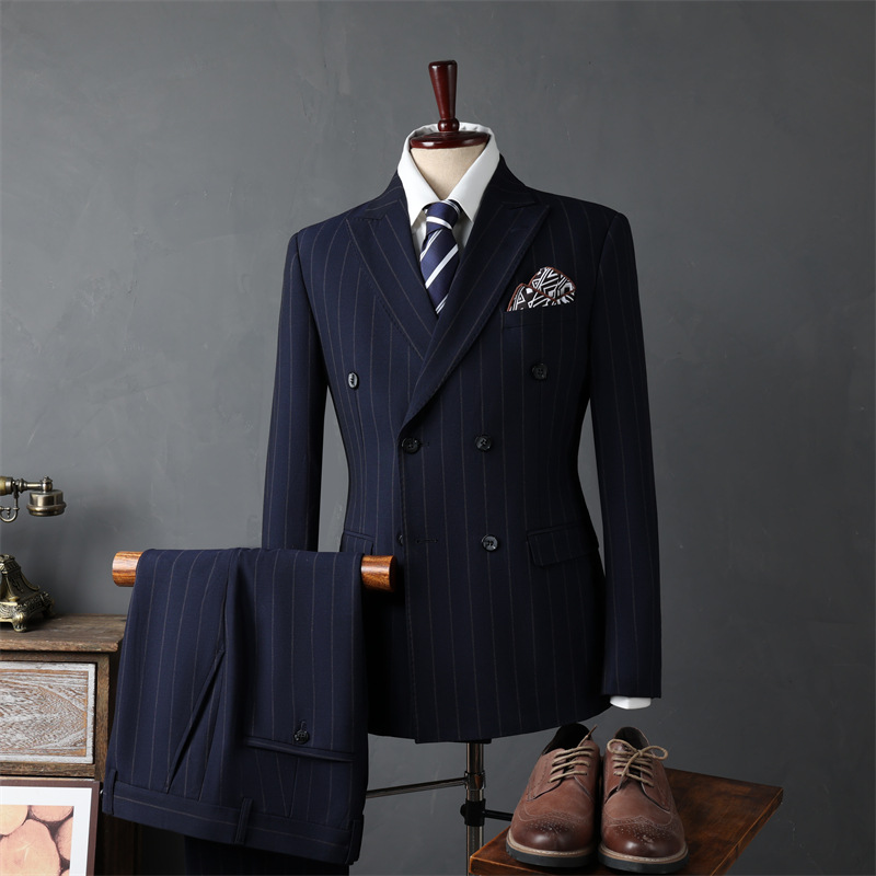 Men's Casual Business Suits Double-Breasted Striped Jackets Flat Front Style Groomsmen and Groom's Wedding Set Clothing